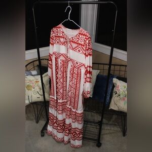 Red & White Boho Geometric Maxi Dress | Flowy Tiered Style